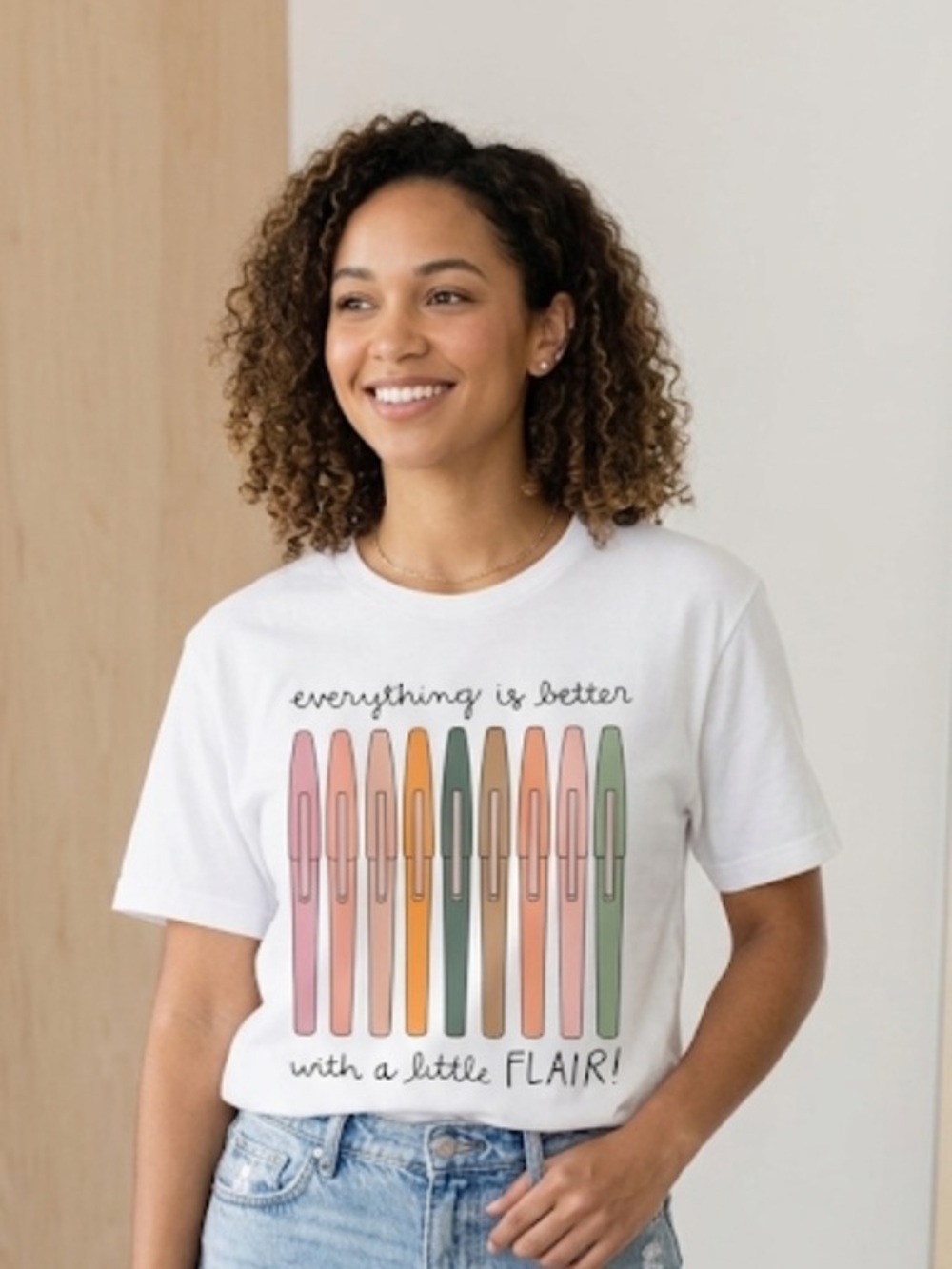 Delta White Tee with Colorful Pen Design